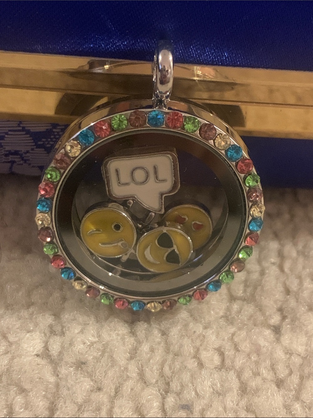 LOL Emoji Floating Locket Pendant with Multicolor Crystal Trim